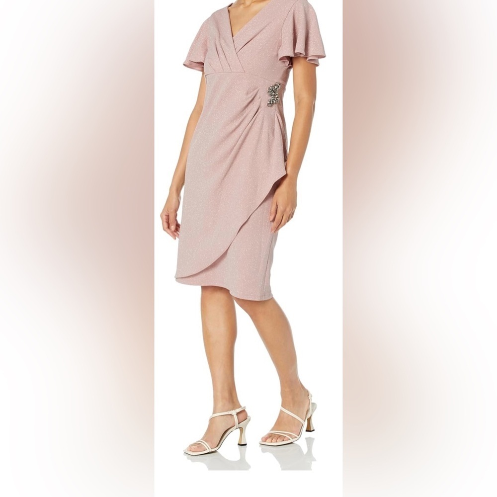 S.L. Fashions Womens Midi V-Neck Sheath Cocktail Dress W/Flutter Sleeves 18